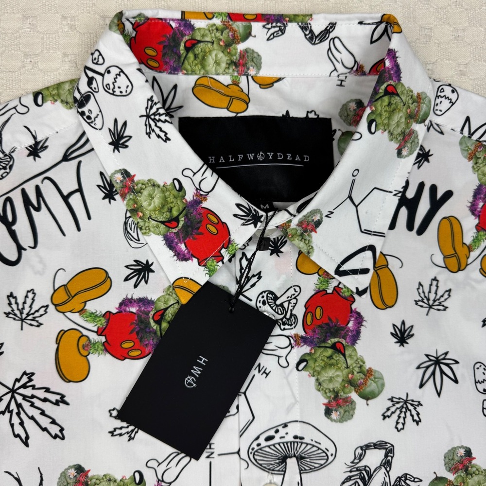 Halfway Dead Button Up Shirt Men Medium Graphic Print Anarchy Streetwear Novelty - Picture 6 of 8